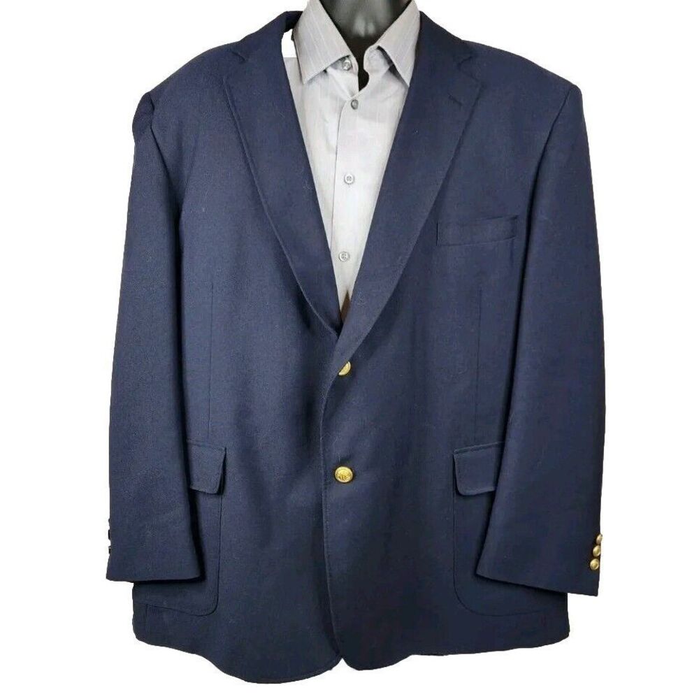 David‎ Taylor Blazer Sport Coat Jacket Mens 46L Navy Gold Button Wool Blend